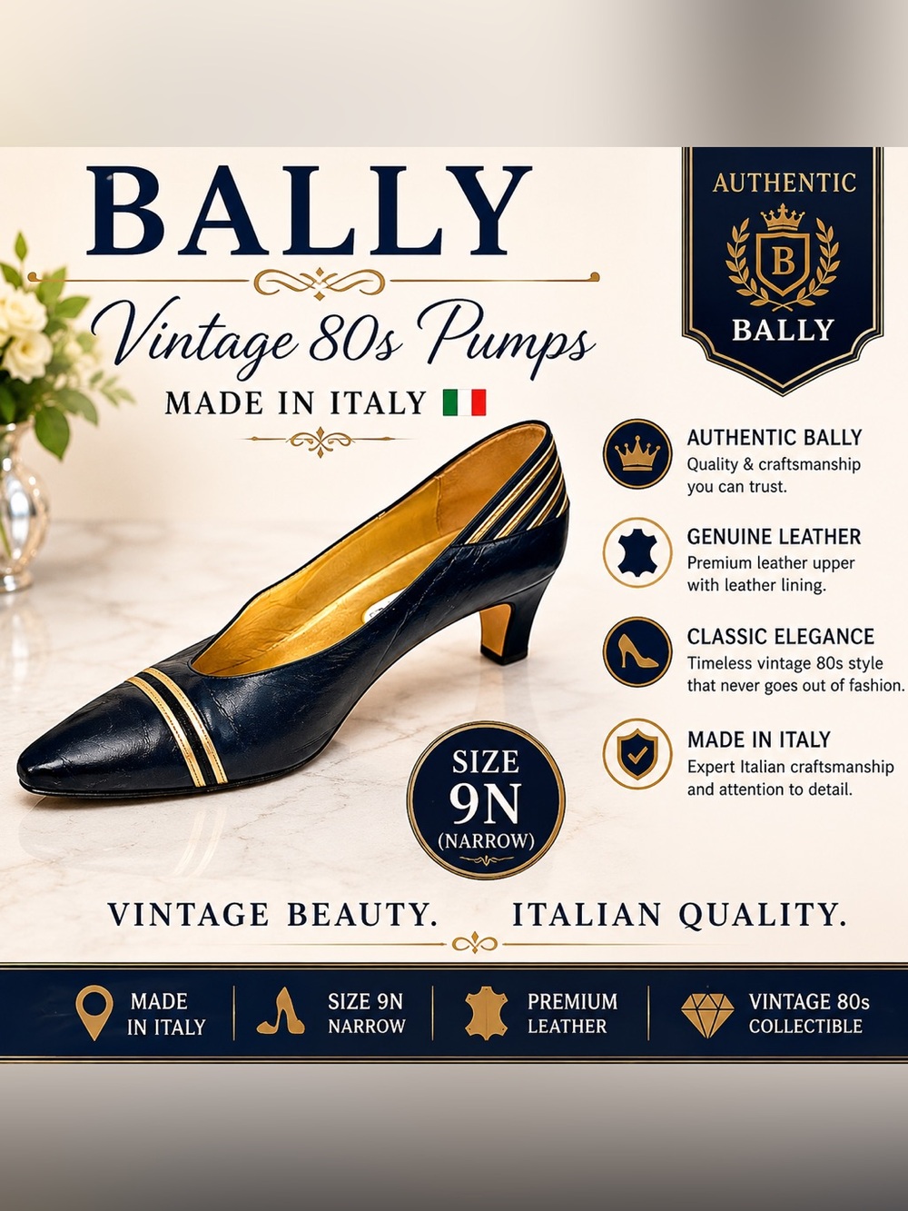 Vintage Bally 80s Navy Leather Pumps Size 9N Made in Italy Classic Heels